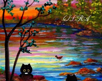 Cats Sunset Landscape Art 5x7 Print of Painting Creationarts