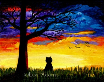 Black Cat Sunset Giclee Print of Painting 5x4