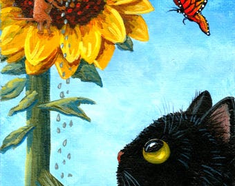 Black Cat Mouse Sunflower 5x7 Print of Painting Creationarts