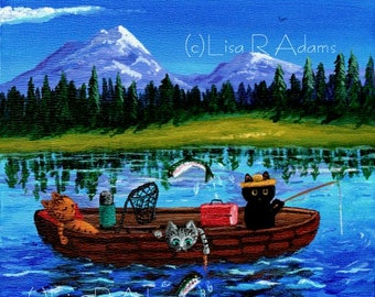 Funny Cat Art Fishing Giclee Print Creationarts