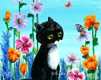 Black Tuxedo Cat Butterflies 8x10 Giclee Print Creationarts