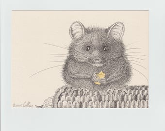 Signed Bruce Collins Art Print Mouse Corn Pen and Ink Drawing