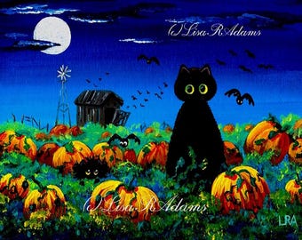 Halloween Fall Cat Art Bats Barn 5x7 Giclee Print of Original Painting Creationarts