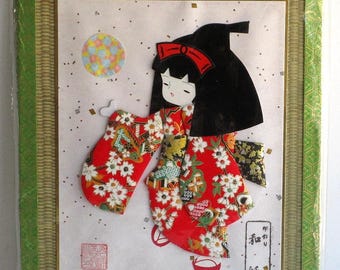 Japanese Kimono Girl Textile Wall Art 8 x 11 Vintage 3D Fabric Collage