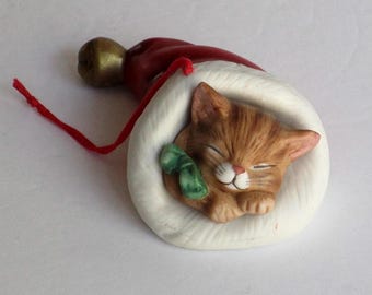 VTG Schmid Cat Sleeping in Hat Christmas Ornament Porcelain Gordon Fraser 1987