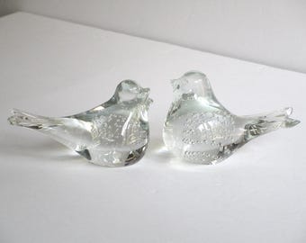 Clear Art Glass Bird Figurines Set of Two Controlled Bubbles Polished Bottom 4x2.5"