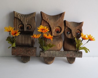Vintage Carved Wood Owl Wall Hangings Folk Art MCM 8" Retro Boho