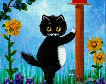 Black Cat Birdhouse Giclee Art Print Creationarts