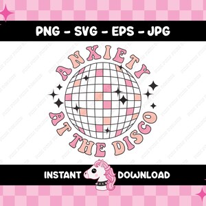 Könnte beinhalten: Pinkes und schwarzes Grafikdesign mit einer Discokugel und dem Text "Anxiety at the Disco".