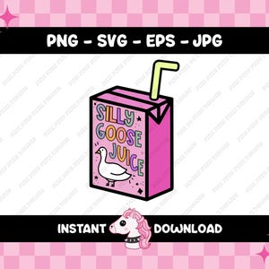 May include: A pink juice box with a white goose and the text "Silly Goose Juice" in colorful letters. A straw sticks out of the top of the box.