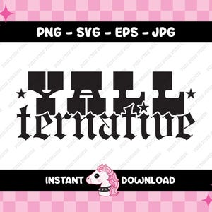 May include: Black and white graphic design with the text "YALLternative" in a gothic font style. The design is set against a pink and white checkered background.