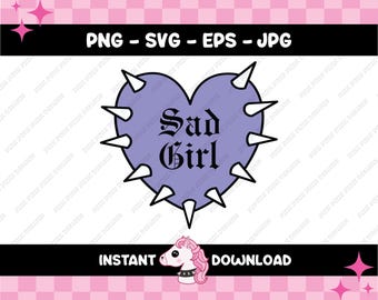 Corazón puntiagudo, chica triste PNG SVG / Punk Emo Alt Goth (Descarga digital)