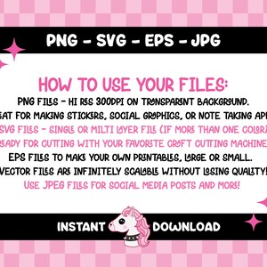 May include: Pink and black digital download graphic with text: PNG, SVG, EPS, JPG. Instructions on how to use the files are included. A cartoon unicorn with pink hair and a studded collar is featured. The background is a pink and white checkered pattern.