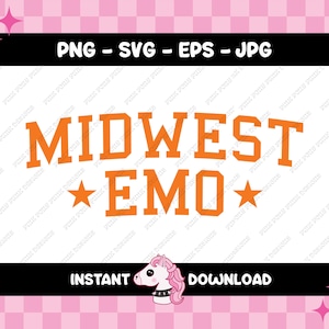 May include: Orange text on a white background reads "MIDWEST *EMO*" with a pink unicorn cartoon character below. The text is in a bold, blocky font. The background is a pink and white checkered pattern.