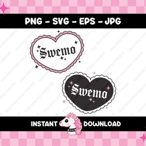 Könnte beinhalten: Zwei herzförmige Designs mit dem Wort "Swemo" in gotischer Schrift. Ein Herz ist weiß mit einem rosa, gewellten Rand, das andere ist schwarz mit einem weißen Rand. Das Bild enthält Text: PNG - SVG - EPS - JPG und SOFORT-DOWNLOAD.