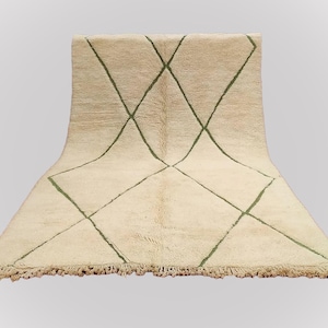 Custom white and green Beni Ourain rug – modern Berber handmade Moroccan rug, soft wool, geometric shag area carpet