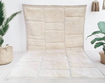 Custom Handmade Beni Ourain Berber Wool Rug in Cream Ivory with Sculpted 3D Block Grid Pattern, Modern Moroccan Carpet for Minimal Decor