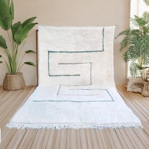 Custom ivory & green Beni Ourain rug – handmade Berber shag wool carpet, Moroccan area rug, geometric modern decor
