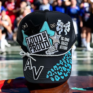 Cheer Cheerleading Dance Gymnastics Competition Custom Trucker Hat - Women's Trucker Hat with iron on patches, hat chain & bling detail