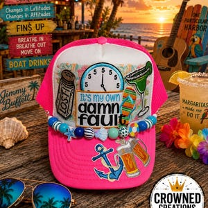 Margarita 5 o’clock Somewhere Summer Beach  Custom Trucker Hat – Women's Trucker Hat with iron on patches, hat chain & bling detail