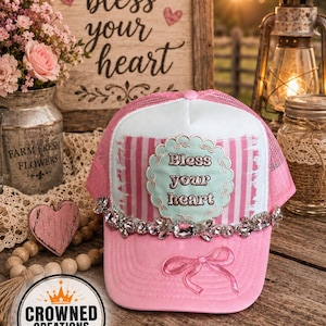 Pink Trucker Hat – Bless Your Heart, Bow, Rhinestone Chain Bling