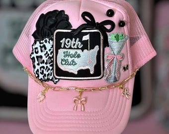 Golf Ball Golfer Custom Trucker Hat - Women's Trucker Hat with iron on patches, hat chain & bling detail