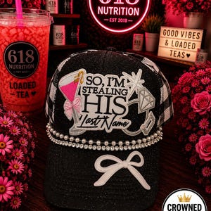 Bride Engaged Wife Future Mrs Custom Trucker Hat - Women's Trucker Hat with iron on patches, hat chain and bling detail