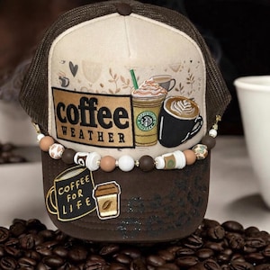 Coffee Lover Espresso Martini  Trucker Hat - Women's Trucker Hat with iron on patches, hat chain & bling detail