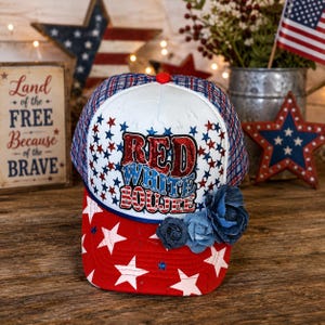 CUSTOM - Hand Rhinestoned American Flag Baseball Cap - Red, White, Blue American Flag Rhinestone Distressed Baseball Hat – SBS T Shop main image 4