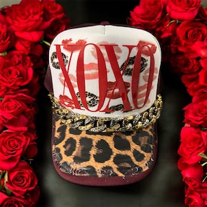 XOXO Lips Leopard brim  Trucker Hat - Women's Trucker Hat with iron on patches, hat chain & bling detail