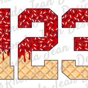May include: A graphic of the numbers 1, 2, and 3, each with a red, sprinkle-covered top and a waffle cone base. The red portion has white and black sprinkles, with red drips. The numbers are outlined in black.