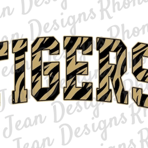 May include: The word "TIGERS" is displayed in a bold, block letter font. The letters are outlined in black and filled with a gold and black tiger stripe pattern. The design is on a white background.