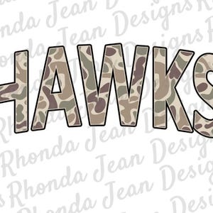 May include: The word "HAWKS" in large, bold letters with a camouflage pattern in shades of brown, green, and beige.