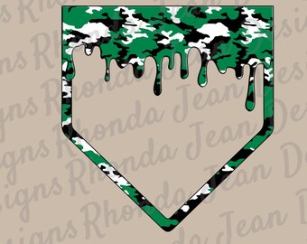 May include: A baseball home plate design with a green, black, and white camouflage pattern. The top edge features a dripping effect in black. The design is outlined in green and black.
