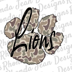 May include: A camouflage paw print with the word "Lions" in black script.