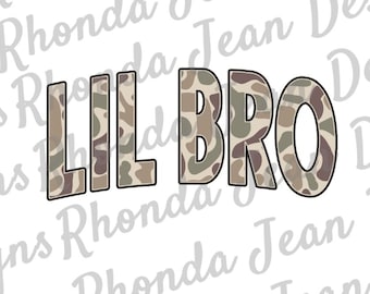 May include: LIL BRO in camouflage print letters. The letters are outlined in black.
