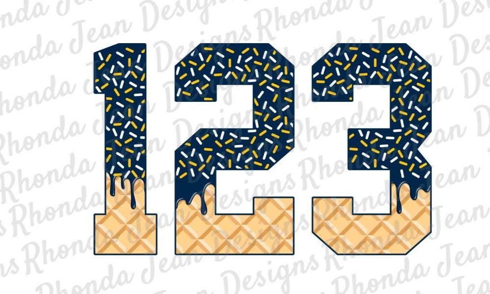 Drip Numbers Set PNG, Navy Drip, White and Gold (Yellow) Sprinkles, Ice Cream Drip, 0 - 9, Jersey Numbers