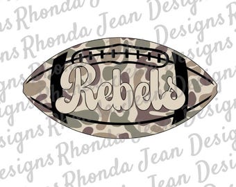 Rebels Old School Camo Football PNG, Digital Download, T-shirt Design, Team Mascot, Retro Vintage Script Lettering