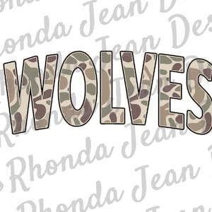 May include: The word "WOLVES" in camouflage print with a black outline.