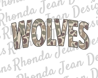 Old School Camo Wolves All Caps PNG, Mascot, Team, School Spirit Shirt, Digital File, Boys Mens T-shirt Design, Sublimation Design