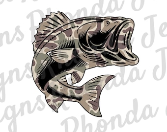 Camo Bass PNG, Fish, Fishing, Old School Camo, Digital Download, Mens Boys Ladies T-shirt Design