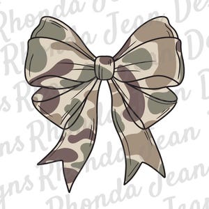 May include: A digital illustration of a decorative bow featuring a camouflage pattern in shades of olive green, tan, and dark brown. The bow has two large loops and two downward-pointing tails with a central knot, all outlined in black ink.