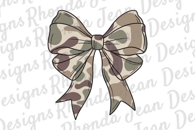 May include: A digital illustration of a decorative bow featuring a camouflage pattern in shades of olive green, tan, and dark brown. The bow has two large loops and two downward-pointing tails with a central knot, all outlined in black ink.