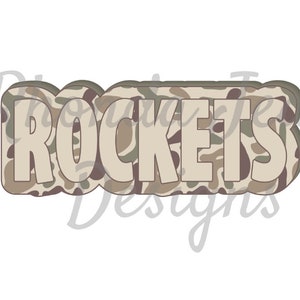 May include: A camouflage pattern graphic with the word "ROCKETS" in white letters.