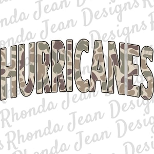 Pode incluir: A palavra "HURRICANES" em letras brancas com um padrão de camuflagem. As letras são contornadas em preto.
