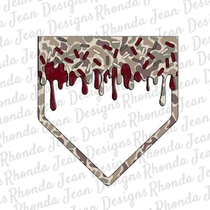 May include: A baseball-shaped frame with a camouflage pattern and red dripping paint. The frame is decorated with white and brown sprinkles.