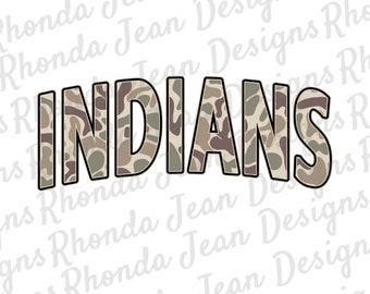 Old School Camo Indianer All Caps PNG, Maskottchen, Team, Schulgeist Shirt, digitale Datei, Jungen Herren T-Shirt Design, Sublimationsdesign