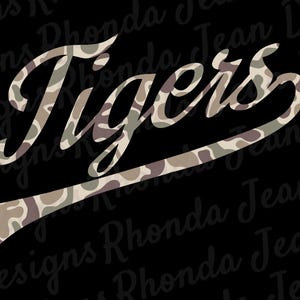 May include: The word "Tigers" in a script font, filled with a camouflage pattern in shades of brown, green, and beige. The text is set against a black background, providing a strong contrast.