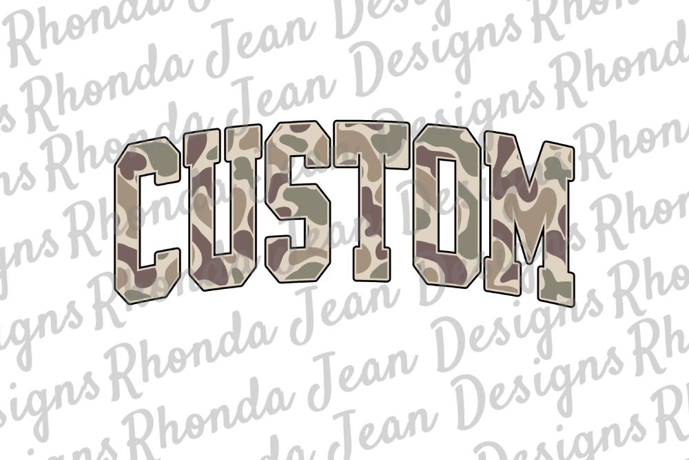 PNG personalizado, camuflaje clásico, letras de estilo universitario, nombre o mascota personalizada, descarga digital, diseño de camiseta