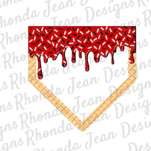May include: A red and white baseball-shaped frame with a waffle cone border. The frame is filled with red icing and white sprinkles.